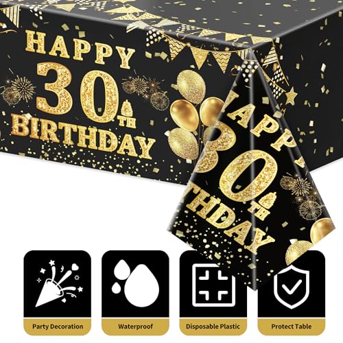 Image of Labeol 3 Pack 30th Birthday Tablecloth, Black and Gold Happy 30th Birthday Decorations, Disposable Plastic Rectangular Table Cover Party Supplies for Men Women
