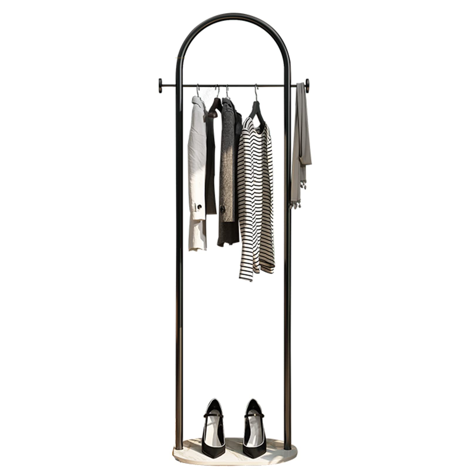 YNBSHGAA Modern Metal Garment Rack with Marble Base Freestanding Coat Rack with 2 Hooks for Bedroom and Hallway Space Saving Hanging Clothes Rack,Black