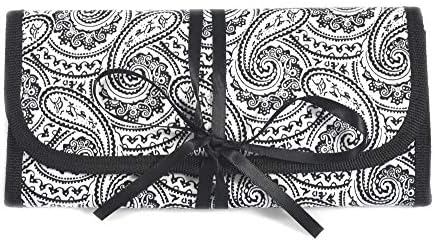 Simplily Co. 8" x 11" Hanging Travel Jewelry & Accessories Organizer Roll Bag (Black & White Paisley Print Exterior & Blue Interior)