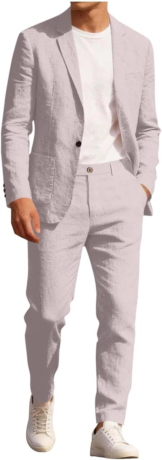 Men's Dressy Linen Suits Long Sleeve Open Front Blazers and Pants Spring Summer Fall Business Casual Outfits
