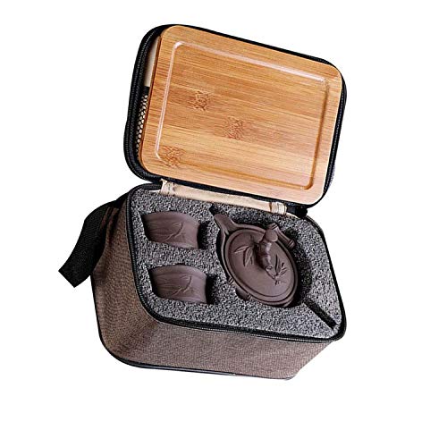 Zisha Travel Tea Set, one teapot and Two Cups Purple Sand Travel Portable Yixing Zisha Tea Set Handmade Purple Clay Porcelain Teapot Teacups Traditional Chinese Style Kungfu Teapot with Travel Bag