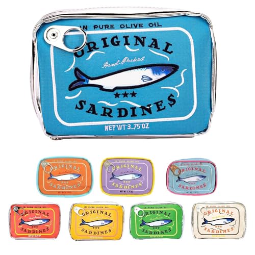 شنطة مكياج سردين معلبة من ازوراوكي، شنطة ادوات الزينة بنمط السردين المعلب، شنطة سفر لطيفة ومبتكرة، شنطة مكياج جميلة للنساء، بولي يوريثين، أزرق