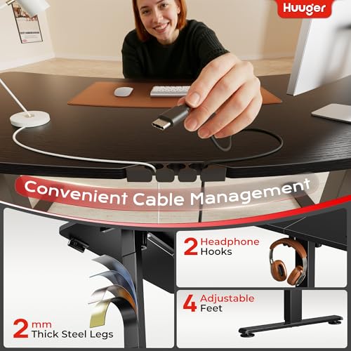 Image of Huuger Electric Standing Desk with Power Outlets and USB-C Port, 55 X 24 Inch Height Adjustable Desk, Sit Stand Desk for Home Office, Computer & Gaming Desk with 4 Presets, Stable Steel Frame, Black