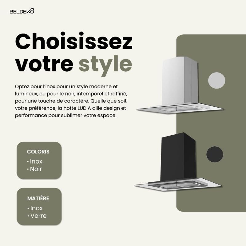 BELDEKO Hotte Îlot 90 cm Inox 556 m3/h 3 Vitesses - Marque Française