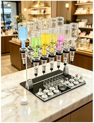 Máquina de llenado manual de perfume de 200 ml, 6/12 cabezales de bomba y 12 tazas, dispensador de aceite esencial para botellas de perfume recargables, estante organizador de perfume