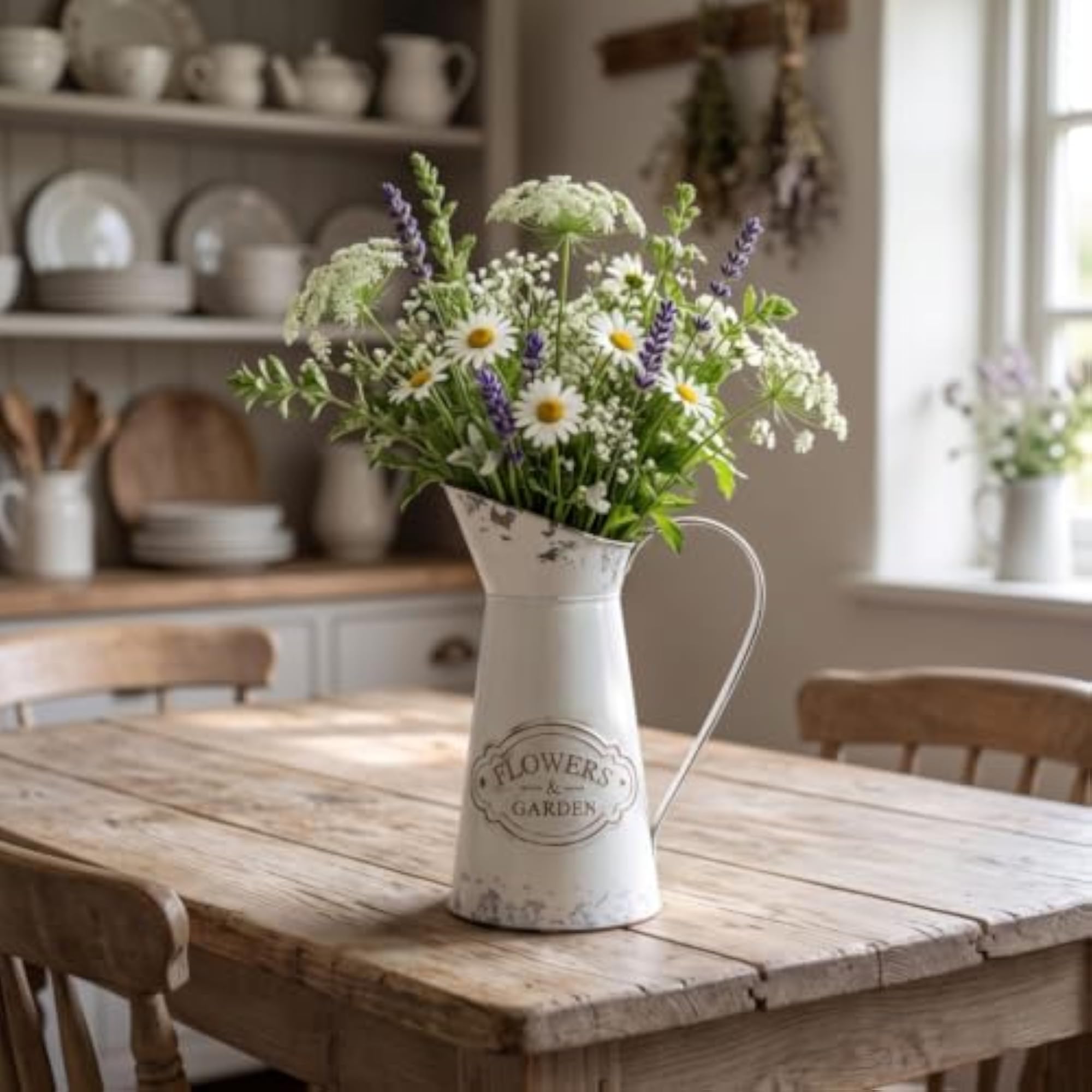 White Pitcher with Handle, Distressed Flower Vintage Jug