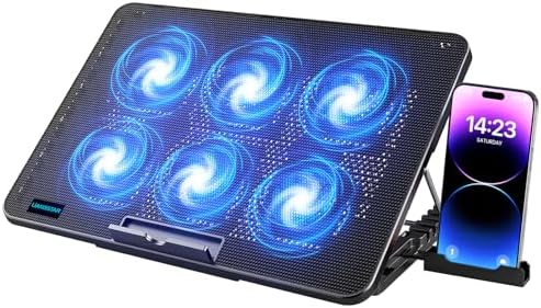 LIANGSTAR Kühler, 6 Leise Fans Gaming Cooler Kühlpads, 7 Höhenverstellbar & Handyständer, 2 USB Ports & Einstellbarer Geschwindigkeit, Laptop Lüfter für Notebook Bis 17 Zoll (Blau)