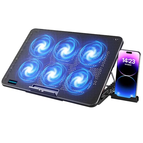 LIANGSTAR Kühler, 6 Leise Fans Gaming Cooler Kühlpads, 7 Höhenverstellbar & Handyständer, 2 USB Ports & Einstellbarer Geschwindigkeit, Laptop Lüfter für Notebook Bis 17 Zoll (Blau)