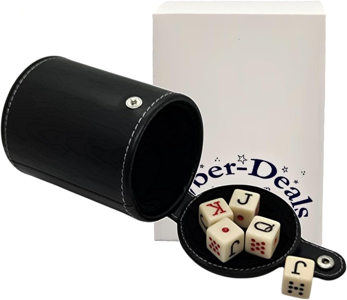 Spanish Poker Dice Set 16mm Dot K Q J 8 7 w/Pouch & PU Leather Dice Compartment Cup | Classic Ivory Dice, Black Lining Cup