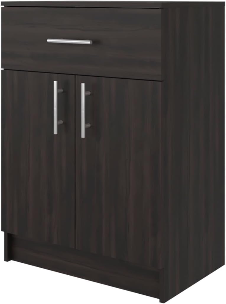 Pantry Cabinet 33" H with Top Drawer, Double Doors and Interior Shelves, Dark Walnut