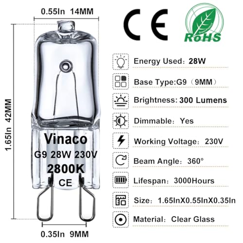 Vinaco G9 Halogen Bulb 28W, 10 Pack G9 Bulb Warm White 2800K, Halogen G 9 Dimmable, High Output 300LM G 9 Capsule Bulbs - Image 3