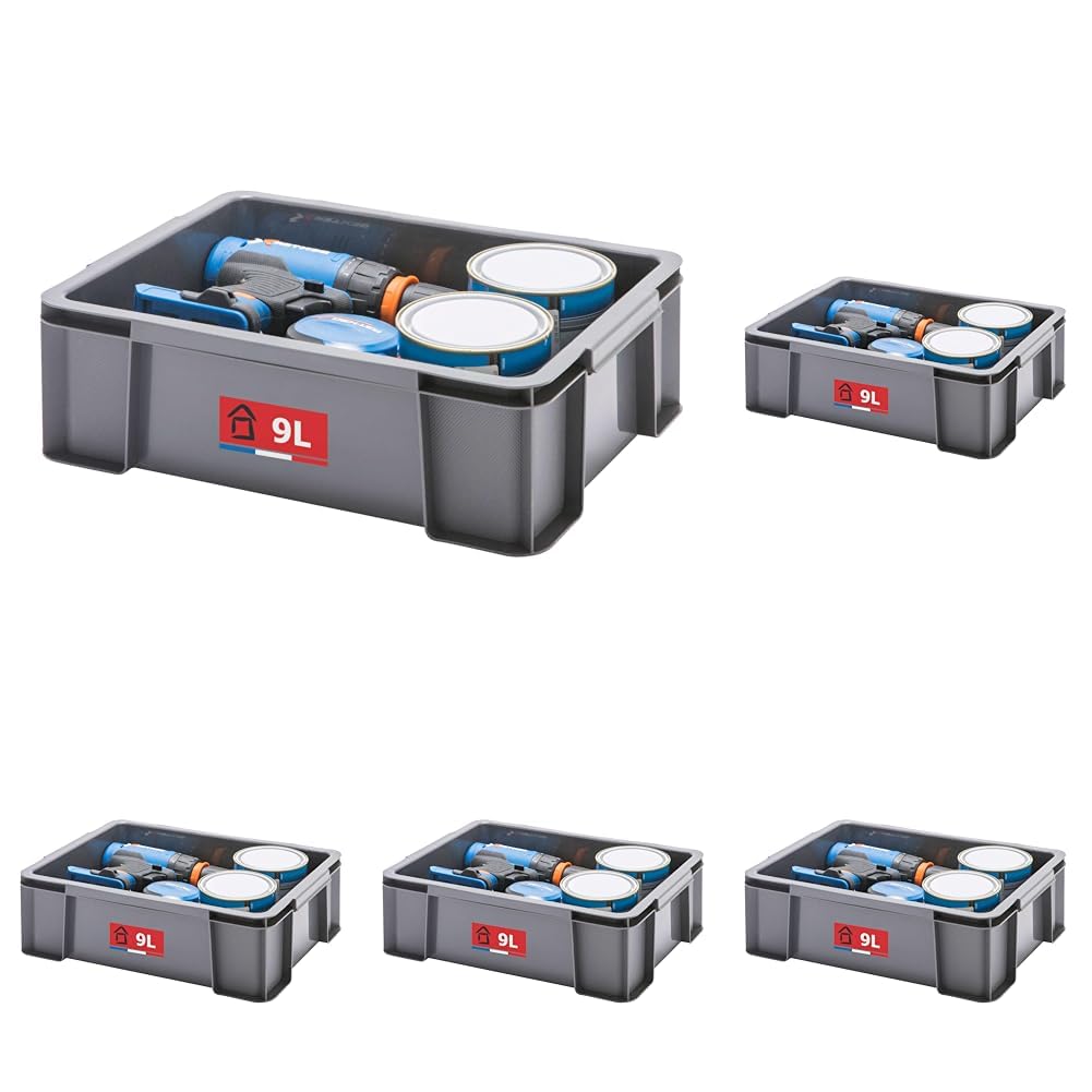 Sundis Master Box, scatola portaoggetti da 9L, in plastica riciclata, robusto e rinforzato, impilabili e combinabili, ideale per l'officina, il bricolage o il trasporto (Confezione da 5)