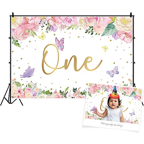 DASHAN 6x4ft Baby Girl First Birthday Backdrop for Party Decorations Cake Smash 1st Birthday Backdrop for Photography Pink Floral Butterfly Photo Background Prop