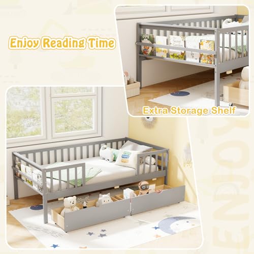 Image of KOMFOTT Wood Twin Bed Frame with Fence Rails & 2 Pull-Out Drawers, Kids Twin Bed Frame with Side Shelf, No Box Spring Needed Solid Wood Slats Supported Daybed for Children & Teens (Grey)