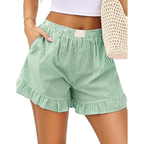 Marvmys Womens Boxer Shorts Cotton Pajama Bottoms Summer Gingham Ruffle/Lace Shorts Casual Y2K Beach Shorts S-2XL Small Ruffle - Green Stripe