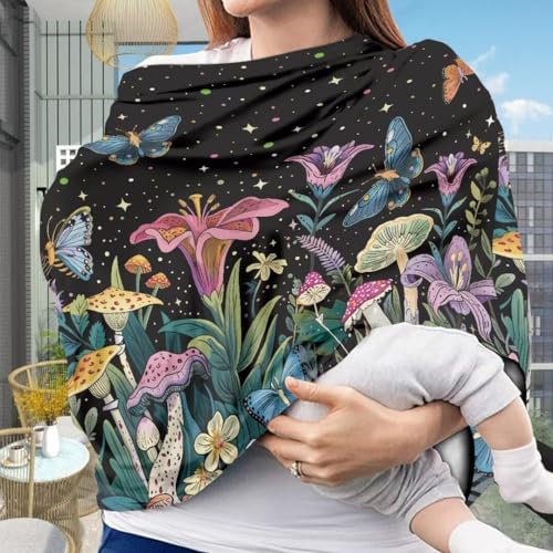 Image of Coldinair Mushroom Car Seat Cover for Babies Boys Girls,Floral Nursing Cover,Soft Stretchy Infant Carseat Canopy,Shopping Cart /High Chair /Stroller Covers