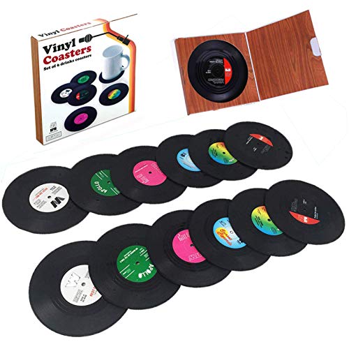 12 PCS Record Coasters for Drinks with Gift Box, Colorful Retro Vinyl Disk Coasters with Funny Labels, Prevent Furniture from Dirty and Scratched(4.2 Inch, Circle, Black)