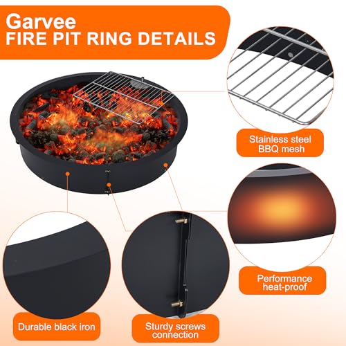 Fire Pit Ring with Grill-Grate, Firepit Cooking Ring 2.5MM Steel Heat-Resistant Large Fire Pit Insert Round, Above/In Ground Fire Pit, for Camping Garden Backyard, 36" x 36" x 7.8"