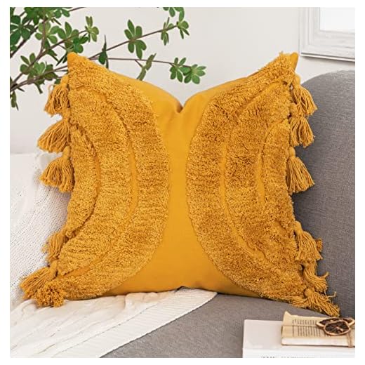 Foindtower Half Moon Accent Boho Tufted Decorative Throw Pillow Cover, Cozy Bohemian Rainbow Design Cotton Canvas Cushion Cover | Tassels Pillow Case Home Decor 18"X 18" Mustard Yellow 1 Piece