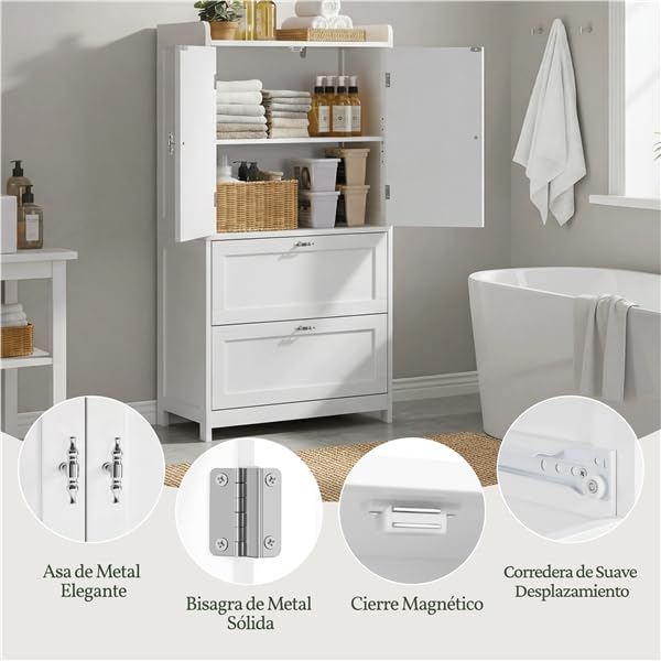 Yaheetech Armario de Suelo para Baño Clásico Mueble 60x30x115cm Blanco | para Salón Cocina Entrada, con 2 Puertas y 2 cajones, Borde Elevado, Estante Ajustable Mueble de Madera de Almacenaje