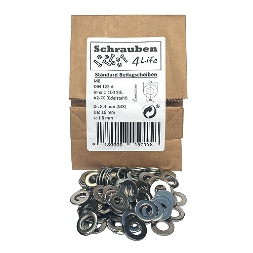 Arandelas estándar M8 de acero inoxidable, 100 unidades, sin plástico, Schrauben4Life A2-70, acero inoxidable DIN125, arandelas para industria, jardín y casa (100, M8)