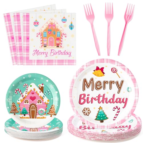 G1ngtar Merry Birthday Christmas Xmas Pink Village Houses Candy Party Plate Supplies - Serves 24-96Pcs Party Tableware Decoration Disposable Paper Plate Napkin Fork for Winter Holiday Birthday