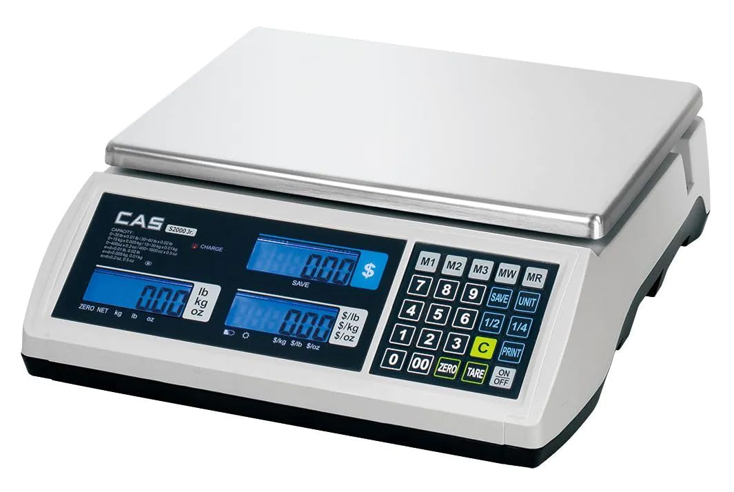 CAS S2000 Jr Electronic Price Computing Scale - 60lb Capacity Dual Range, NTEP Certified Commercial Food Scale - Features an LCD Display w/Backlight & Rechargeable Batteries - Adapter Included