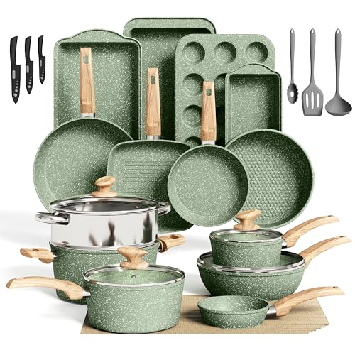 30 Piece Pots and Pans Set Non Stick, Granite Induction Cookware Sets, Nonstick Kitchen Cookware Sets, Non Toxic Cookware Set with Frying Pans and Saucepan, Kitchen Pots and Pans Set, Green