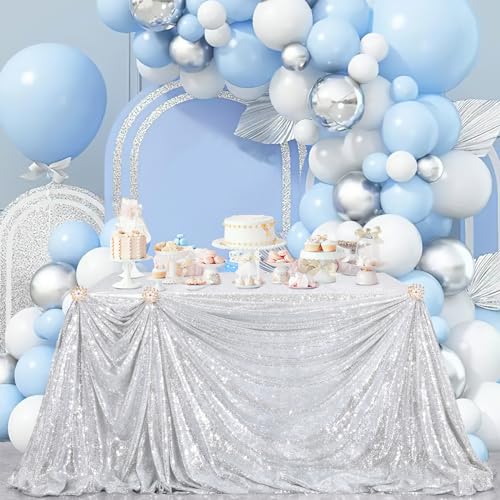 Image of B-COOL Glitter Tablecloth Silver Sequin Tablecloth Christmas 90x132 Inch Rectangle Sequin Overlay Sparkly Table Cloth Sequin Fabric for Wedding Table Decoration
