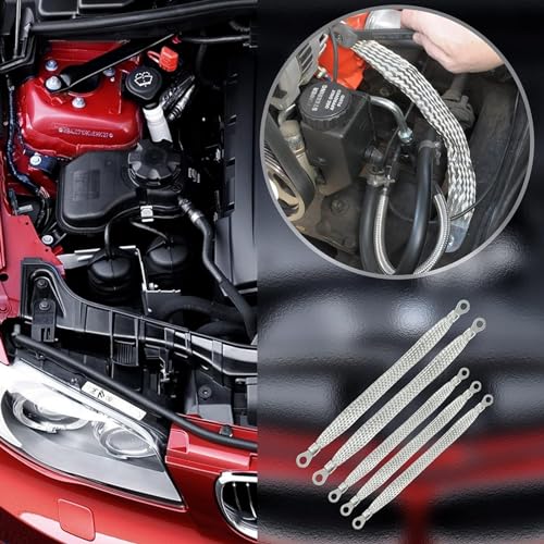 Crynod 5 PCS Car Ground Strap Kit, 10In 13In 220V Metal Flat Braided Vehicle Ground Straps Accessories, Universal Durable Automotive Engine Ignition Coil Ground Strap for Truck SUV Car (Silver)
