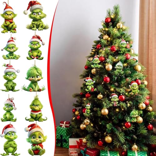 JClorix 10 Pezzi Grinch Decorazioni Natalizie, Addobbi Grinch per Albero di Natale, Decorazioni da Appendere in Acrilico a Doppia Faccia, Divertenti Ornamenti Grinch per Casa, Festa, Natale