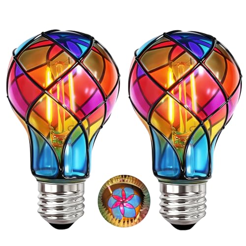 KINDEEP Stained Glass Light Bulb: Colored Light Bulbs Indoor Papillon Rose Style Colorful Light Bulb A19 4W E26 LED Bulb 40W Equivalent Stained Glass Decor for Bedroom Living Room Dining 2 Pack
