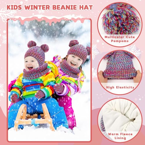 Kids Winter Hat Gloves Scarf Set,Girls Hats Beanie with Pom Knit Neck Warmer Gaiter Mittens Fleece Lined Set 1-6 Years4