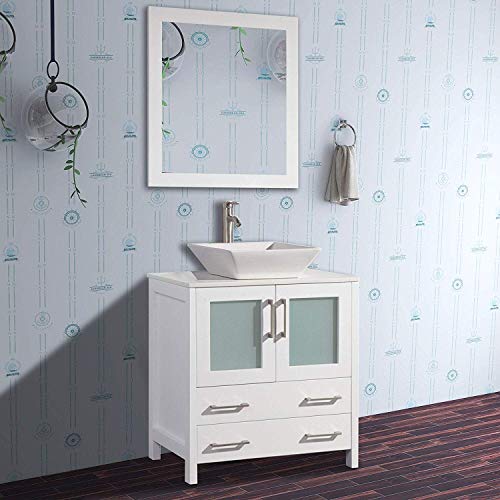 Vanity Art 30 Inch Single Sink Bathroom Vanity Set 1 Shelf 2 Dove-Tailed Drawers Quartz Top and Ceramic Vessel Sink Bathroom Cabinet with Mirror