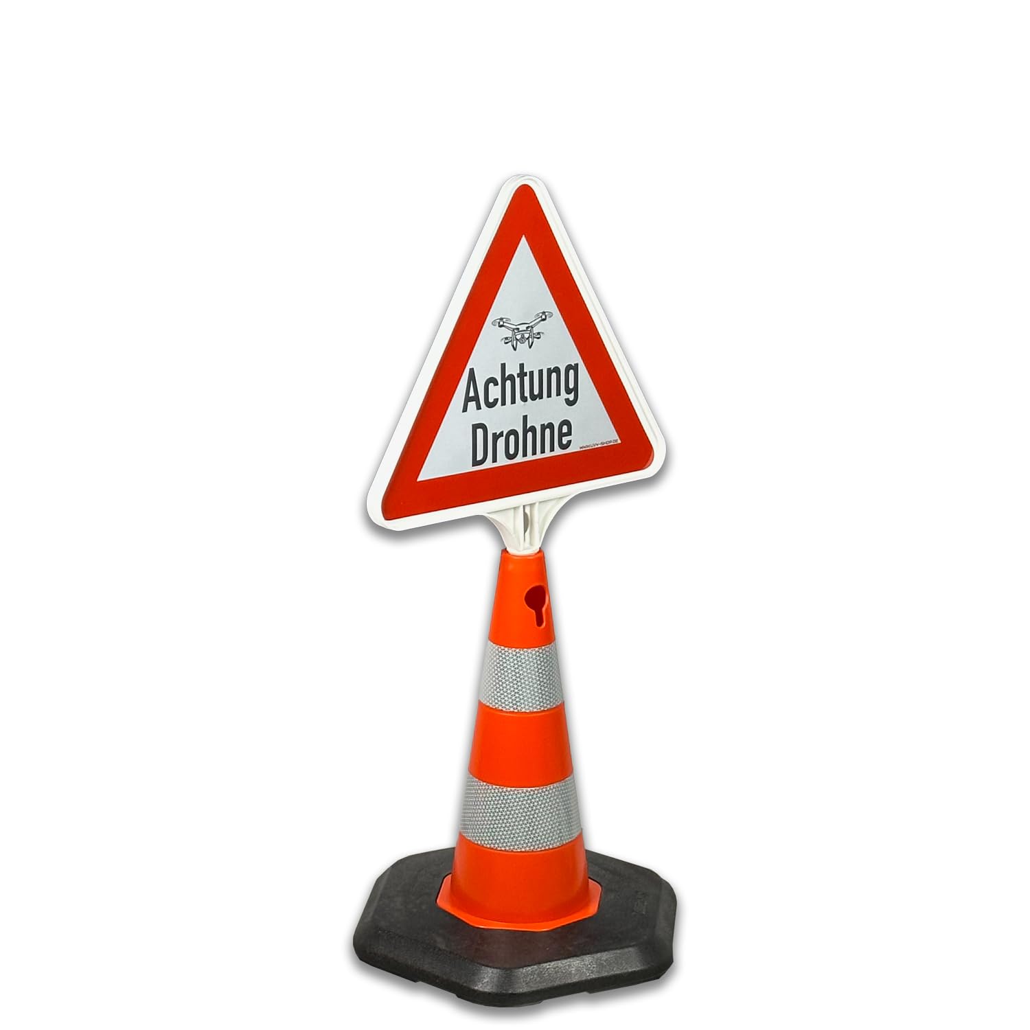 Achtung Drohne: Reflektierender Kegel mit wechselbarem Schild – Schnell aufgestellt und mobil einsetzbar in zwei praktischen Größen. (Achtung Drohne, 50 cm)
