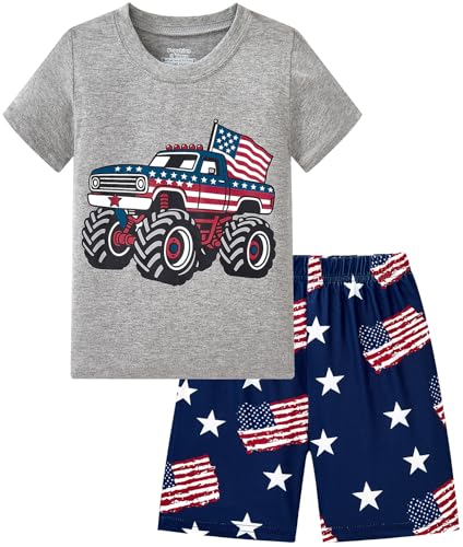 Popshion Toddler Boy 4th of July Outfit Monster Truck American Flag T-Shirt and Shorts Set Patriotic 2-Piece Summer Clothes for Kids 6t/2263