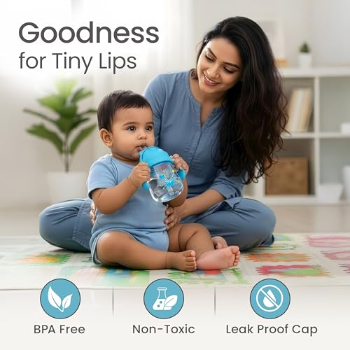 Image of LuvLap Joy Anti Spill Sipper for Kids with Twin Easy-Grip Handles, 270 ml, Sippy Cups with Soft Silicone Straw, Training Cup for Kids,Water Bottle, Non-Toxic & BPA Free, 1 Year+ (Blue)