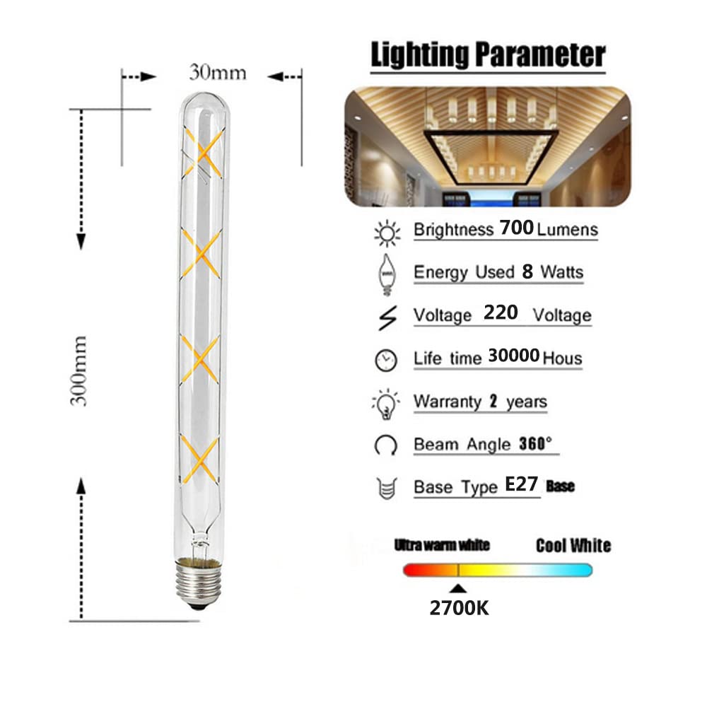 Bombillas led Bombillas de filamento Edison Vintage E27 T30-300mm 8W 700LM Blanco cálido 2700K no Regulable Vidrio Transparente tubérculo Retro 8 Paquetes