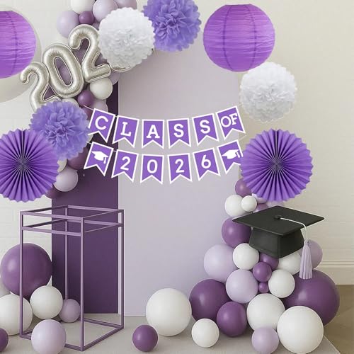 Image of Purple White Graduation Party Decoration Class Banner Hanging Pom Poms Flowers High School College Grad Supplies