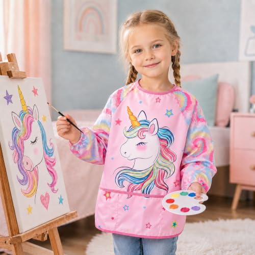 WERNNSAI Unicorn Kids Art Smock for Girl Age 3-6 with Long Sleeve 3 Pockets view 7