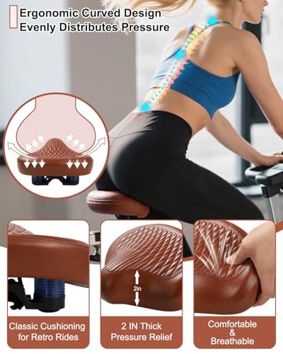 Wide Bike Seat for Women Men, Comfortable Soft Classic Vintage Padded Bicycle Saddle Cushion, Large Comfort Replacement Seat for City, Cruiser, Hybrid, Ebike, Beach & Mountain Bicycle, Stationary Bike - Thumbnail 5