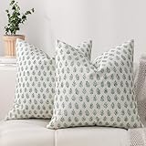 DWR Leaf Print Throw Pillow Covers 18x18 (Set of 2), Block Print Decorative Pillow Covers in Forest Green, Neutral Faux Linen Cotton Blend, Vintage Style for Couch, Sofa, Bed, Living Room
