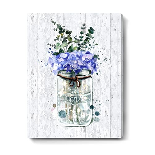 Bathroom Decor Canvas Wall Art Blue Purple Flower Bouquet In Vase Love Theme Floral Picture Framed Botanical Print For Bedroom Kitchen Farmhouse Rustic Wooden Board Painting Artwork 12X16Inch #TOP19