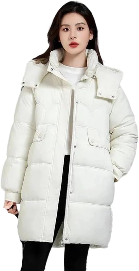Women's Knee-Length White Duck Down Jacket Thickened Loose Down Jacket Cold Weather Hooded Long Parka