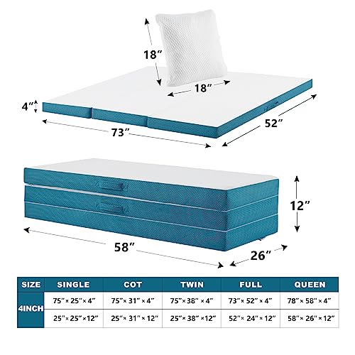 SINWEEK Memory Foam Folding Mattress, 4 Inch Foldable Trifold Mattress Topper, CertiPUR-US Certified Guest Bed with Cooling Cover & Waterproof Lining