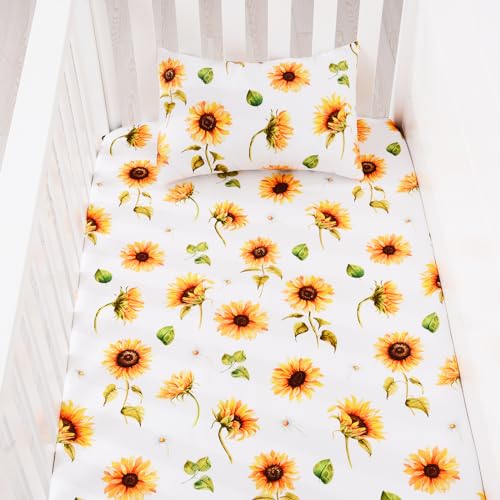 Image of JISEN 3 Piece Baby Crib Bedding Set for Girls - Soft Floral Crib Comforter Set with Crib Sheet Comforter and Pillowcase Sunflowers