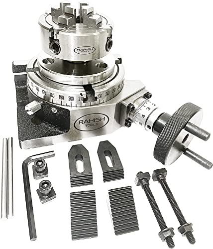 Rotary Table for Milling Machines 4" Inches (100mm) 4 Slots Horizontal and Vertical with 70mm 4 Jaw Independent Dog Chuck with Back Plate and T-nuts with m6 clamp kit