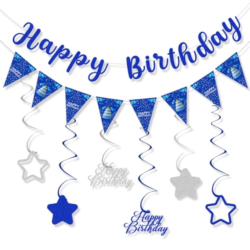 Decorazioni di compleanno blu e argento per uomini e donne, decorazioni per feste di buon compleanno, striscioni felici con decorazioni a spirale sospese, adatte per interni ed esterni
