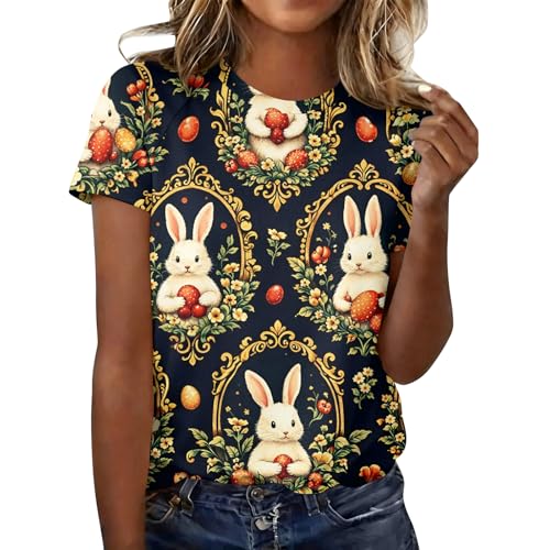 Women Dressy Casual Short Sleeve Blouse T Shirt Fashion Easter Printed Shirts Round Neck 2026 Summer Loose Tops