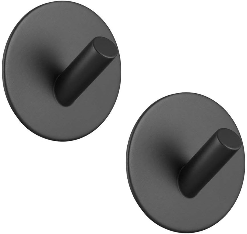 Adhesive Hooks, SouLips Self Adhesive Black Wall Mount Hangers for Key Robe Coat Towel, Super Strong Heavy Duty Stainless Steel Hooks, No Drill No Screw, Waterproof, for Kitchen Bathroom Toilet,2 Pack